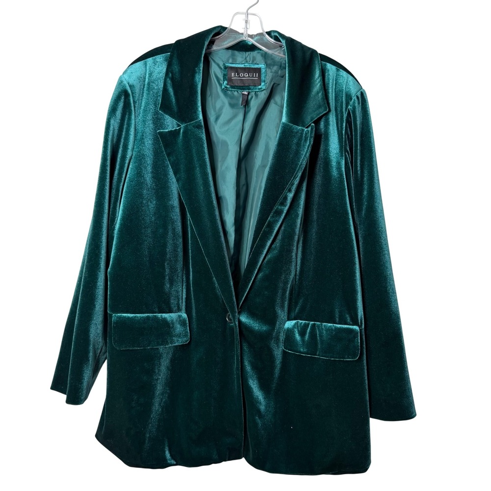 Eloquii Blazer Women 20 Green Velvet Single Button Notched Lapel Lined Stretch